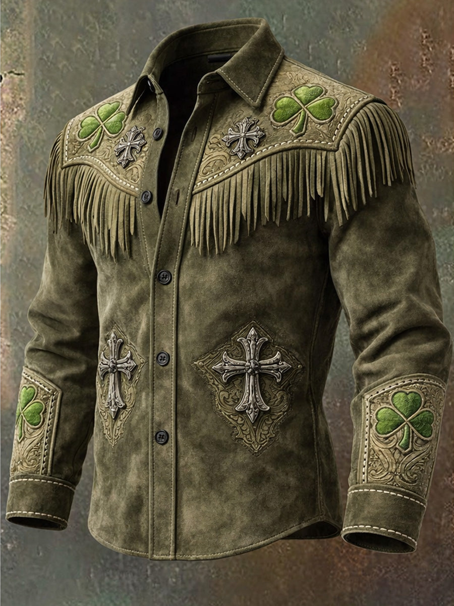 Men's Retro St. Patrick Western Style Art Print Vintage Tassel Casual Long Sleeve Shirt